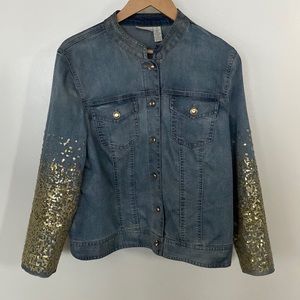 Chico’s Platinum Size 2 gold sequined denim jacket